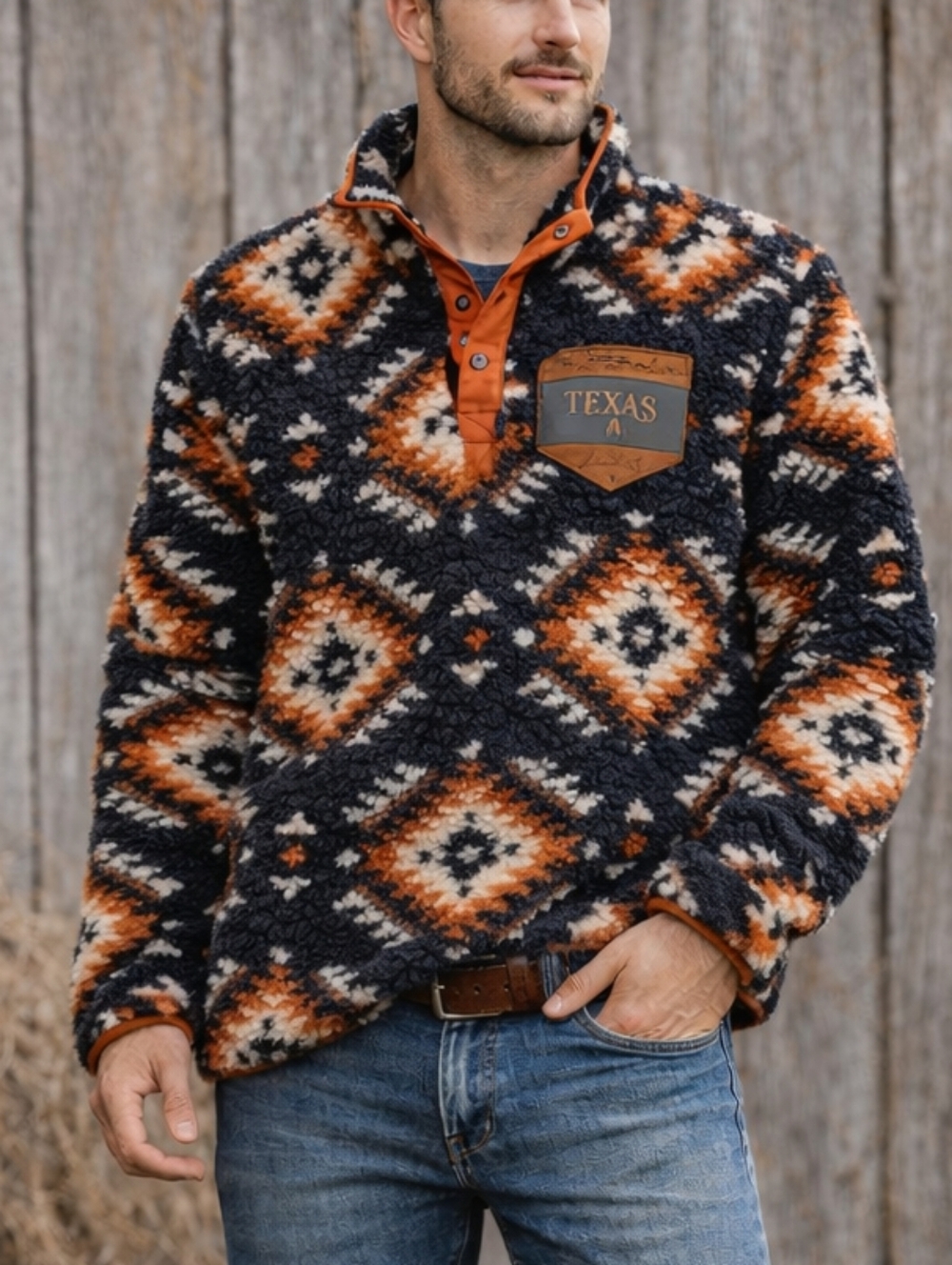 Texas Patch Pullover Sherpa Sweater - Black & Orange Aztec Size Large